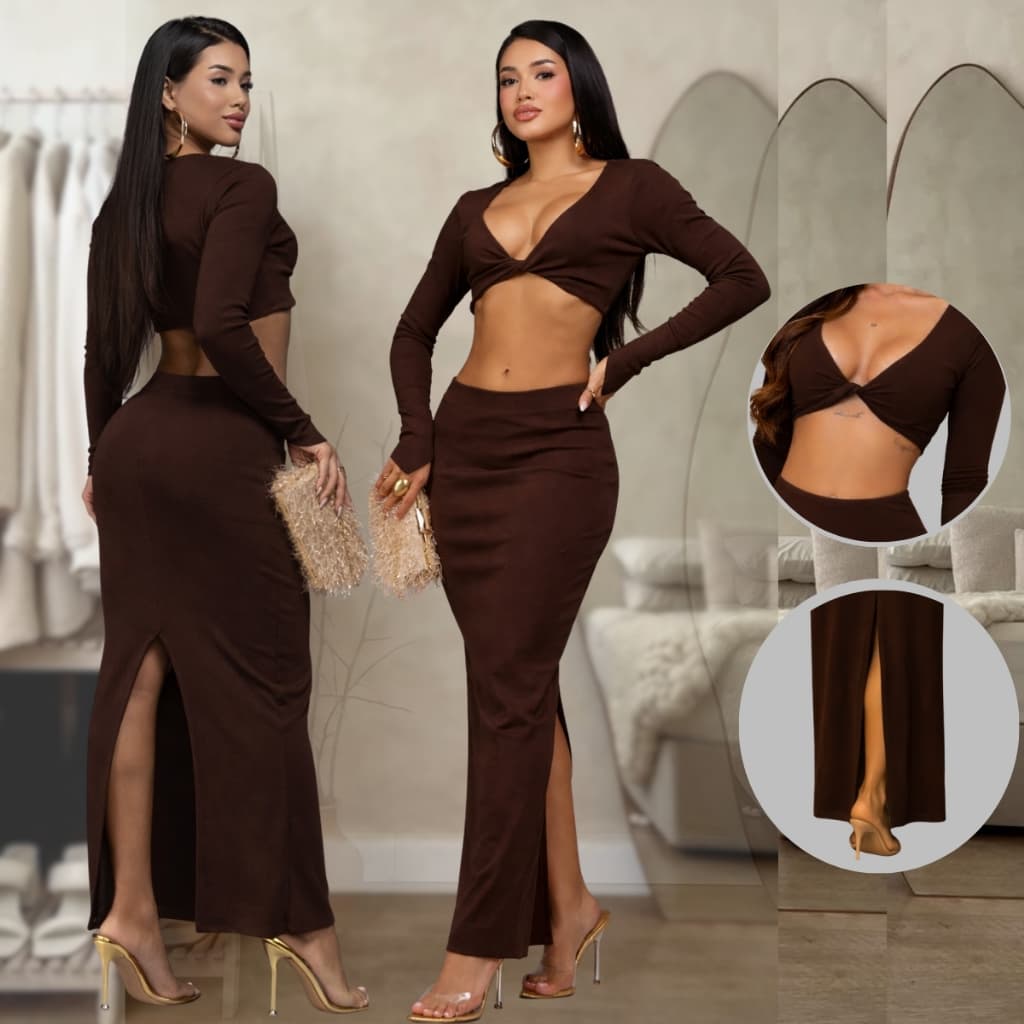 Kit 2 Cropped Top Cruzado Manga Longa e Saia Longa Conjunto Ribana Premium Elegante Moda Blogueira Chique