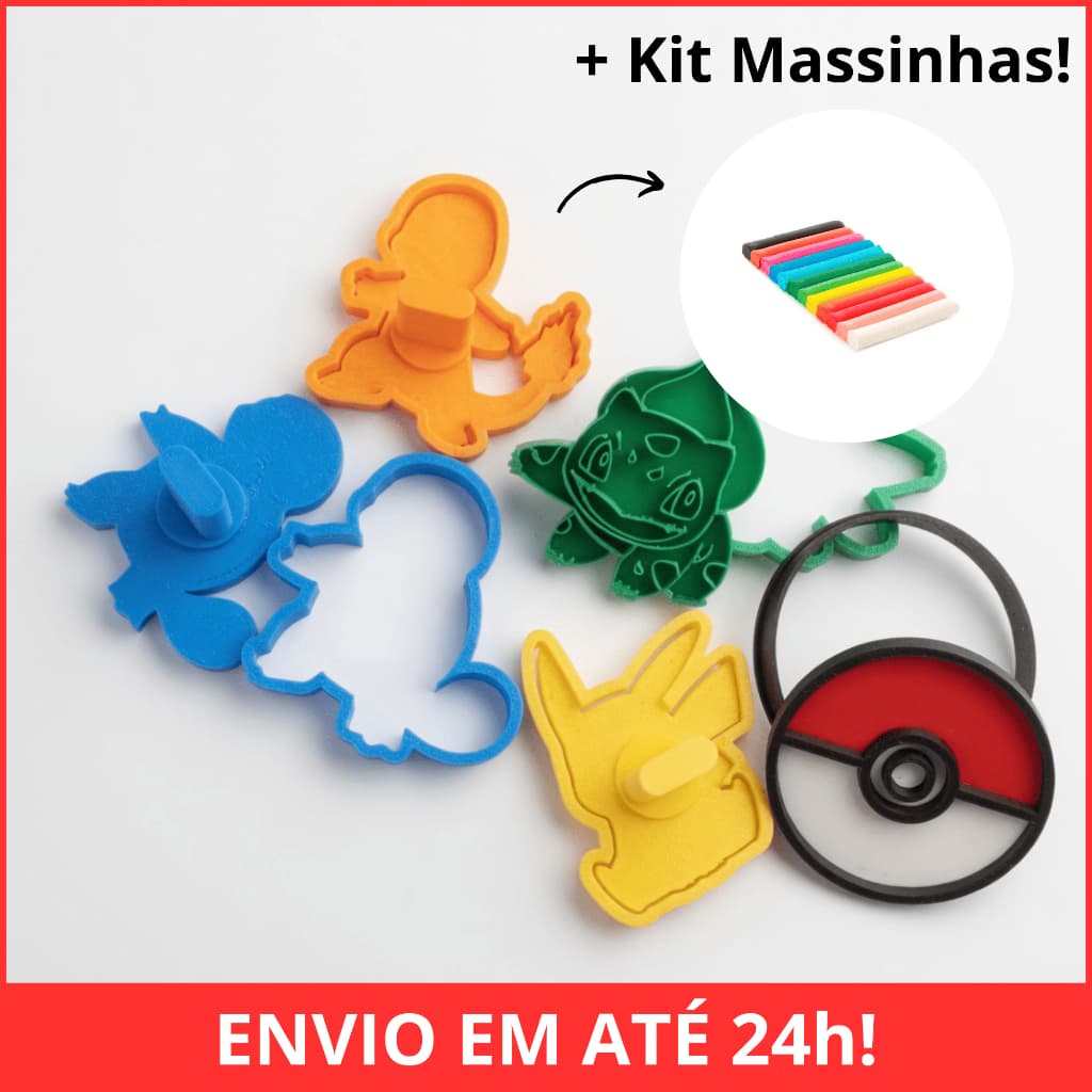 Kit 5 Cortadores Pokémon Biscoito e Massinha + Kit 3 Massinhas - Iniciais Pikachu - Envio Rápido