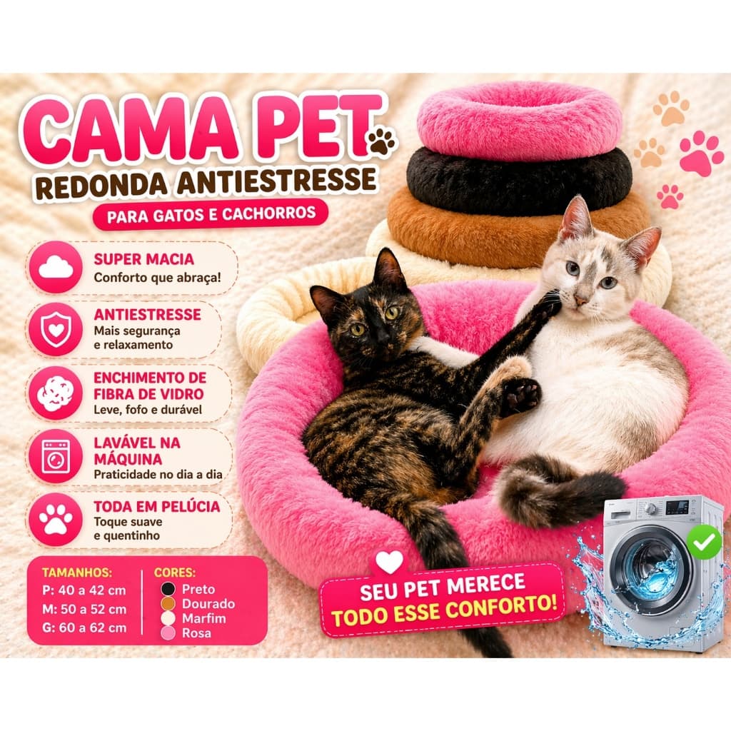 Cama Pet Redonda Antiestresse em Pelúcia Nuvem para Gatos e Cachorros –  P, M, G