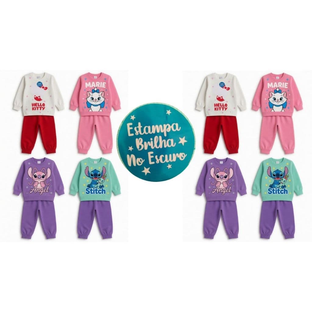 Conjunto Moletom Disney para o frio inverno - Stitch - Hello Kitty - Gatinha Marie - Premium ESTAMPA BRILHJA NO ESCURO