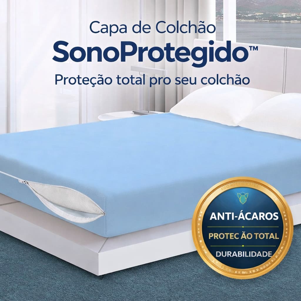 Capa de Colchão 138x188x18 Cm SonoProtegido Casal Impermeável Antialérgica Respirável com Zíper Azul