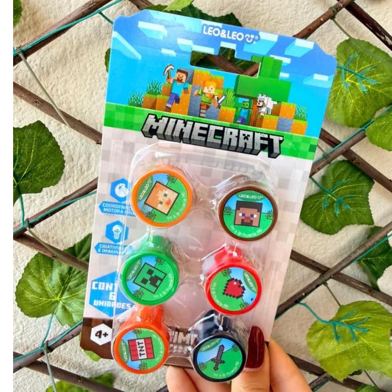 Carimbo Autotintado Decorado Minecraft Blister c/ 6 Und Leo&Leo Papelaria Fofa Presente Infantil