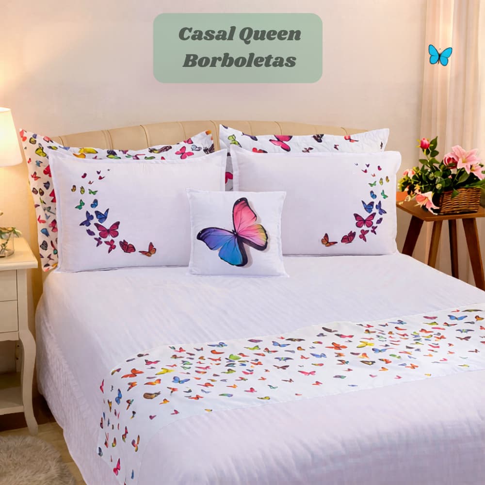Jogo de Lençol 4 Peças Queen Borboletas Micropercal Macio Luxo