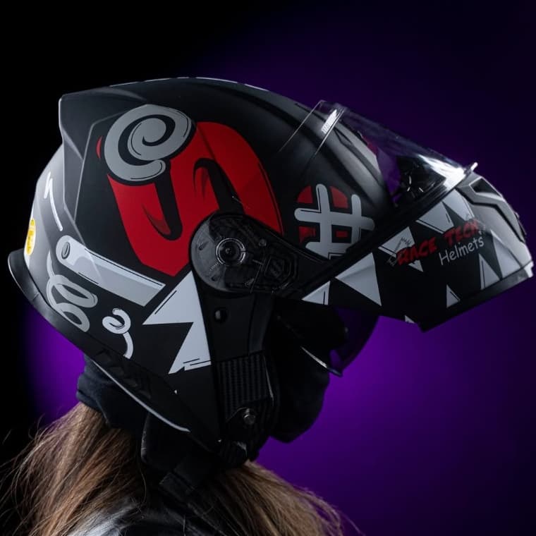 CAPACETE RACE TECH SIGNAL STUFF OLHOS PROMOÇÃO PRETO/VERMELHO ESCAMOTEAVEL ROBOCOP COM ÓCULOS INTERNO