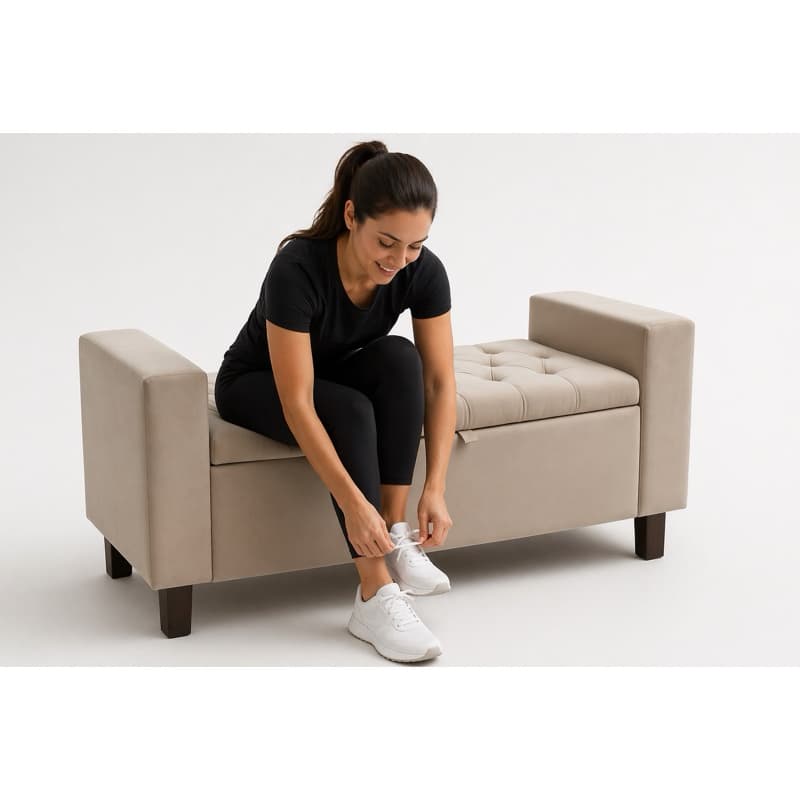 Sapateira Organizadora Puff Puf Bau Recamier Londres 110cm Veludo Inca Pes em Madeira Pistao a Gás