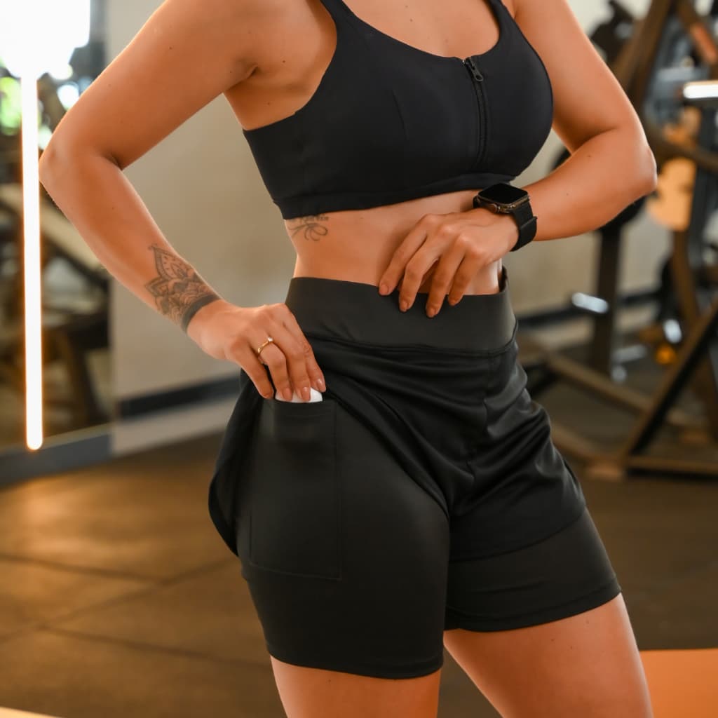 Short Duplo Compreensão Fitness Bermuda Academia Feminino 2 em 1 Preto