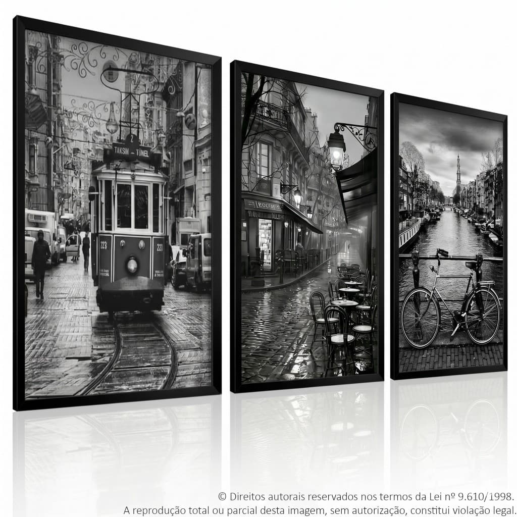 Kit 3 Quadros Decorativos Preto e Branco Cidade Urbana Moderna Moldura Preta Sala Quarto Escritório Decoração Minimalist