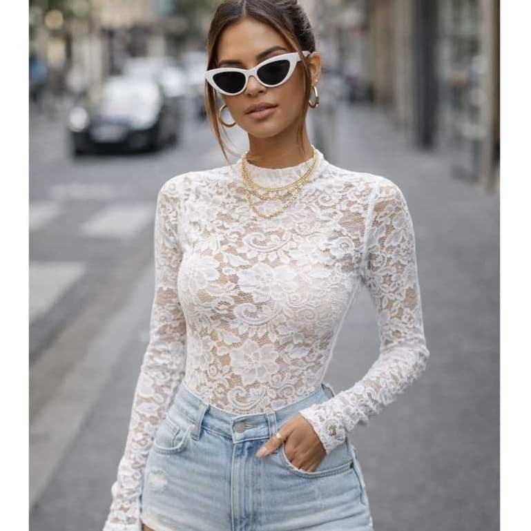 Body Renda Floral Manga Longa Tendência