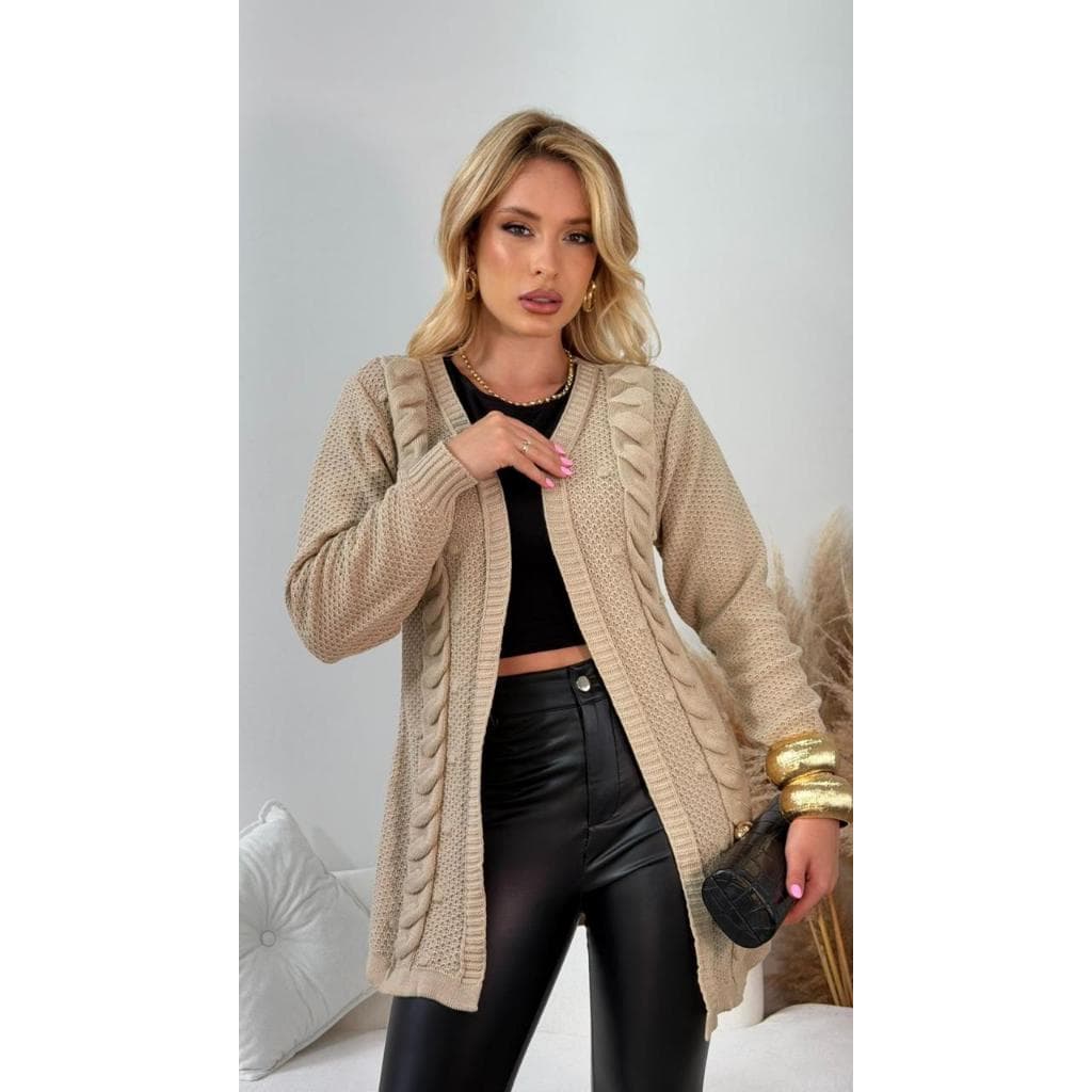 Casaco Cardigan Pipoca em Tricô – 100% Poliéster