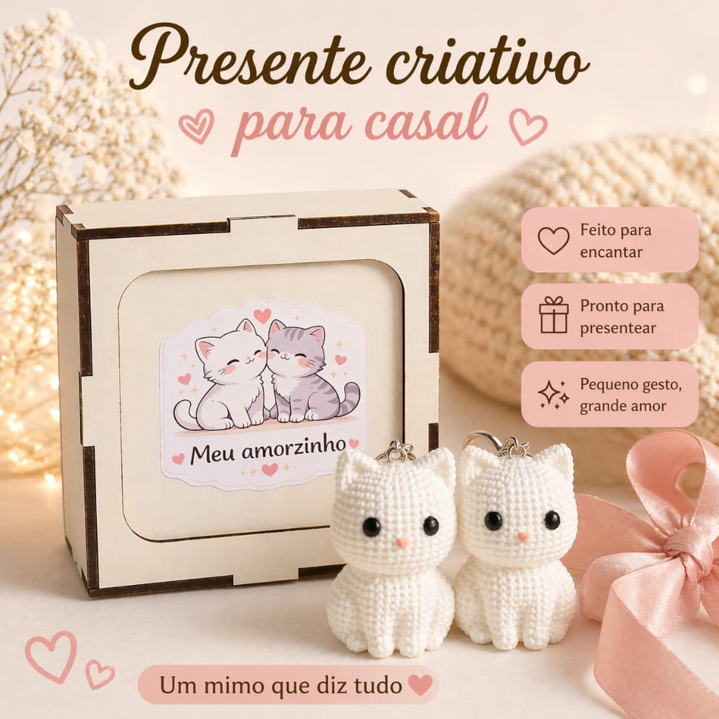 Presente para Namorada Mãe de Pet Kit Casal Gatinhos Caixa MDF 2 Chaveiros