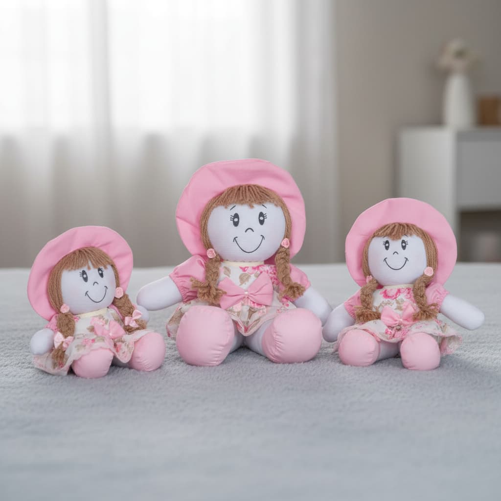 Kit Trio Boneca de Pano Menina Nicho e Decoração Quarto Infantil