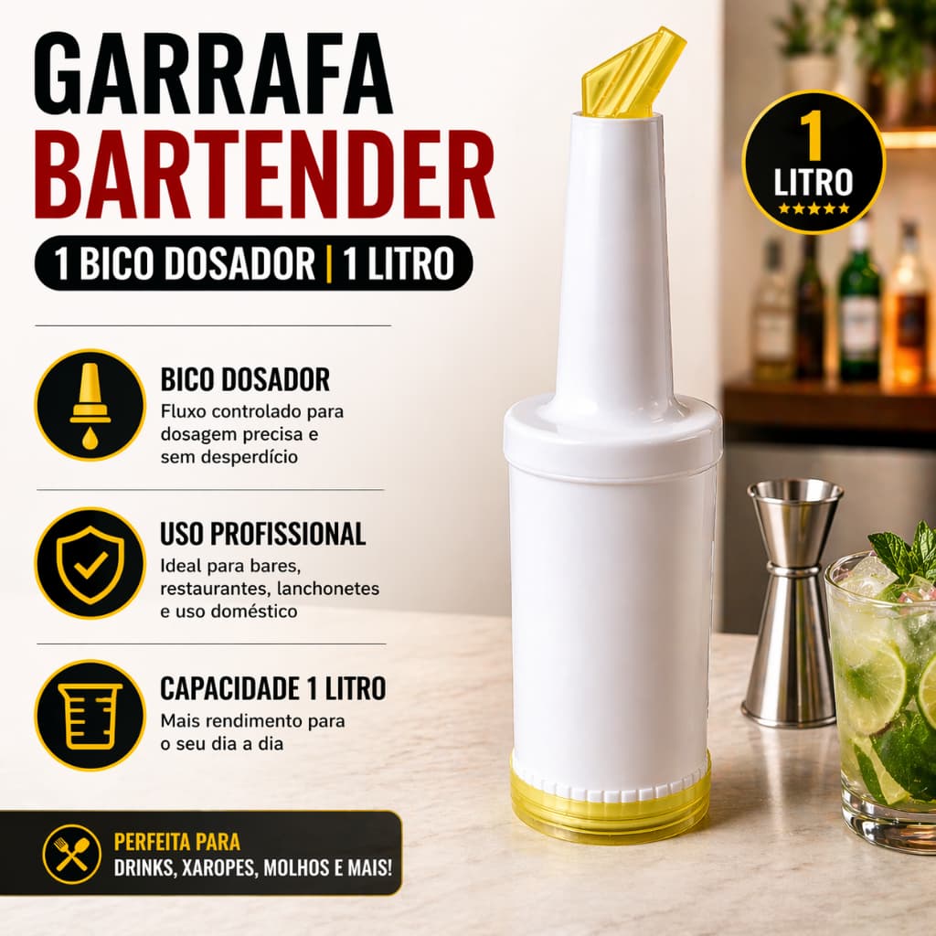 Garrafa Dosadora 1L Bartender Bico Dosador Molhos Drinks Profissional Kit 1 2 3 Unidades