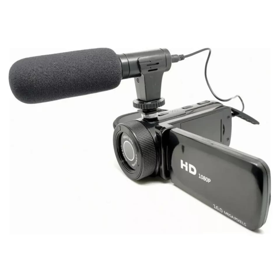 Filmadora digital de vídeo modelo D100, com resolução HD 1080p, microfone acoplado e visor giratório