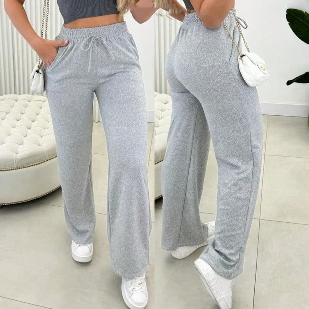 Calça pantalona de lazinho feminina cintura alta com bolso pra inverno