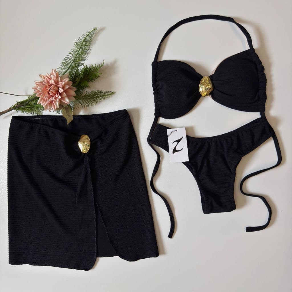 Kit Biquini Com Saia 3 Peças Concha Moda Praia Feminina Tamanho P M G GG  Com Bojo Envio Rapído
