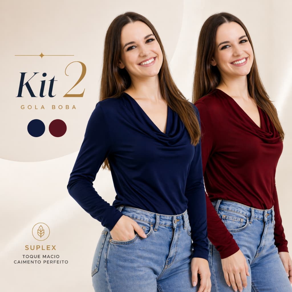 Kit 2 Blusas Gola Boba Feminina Manga Longa Suplex com Forro Elegante