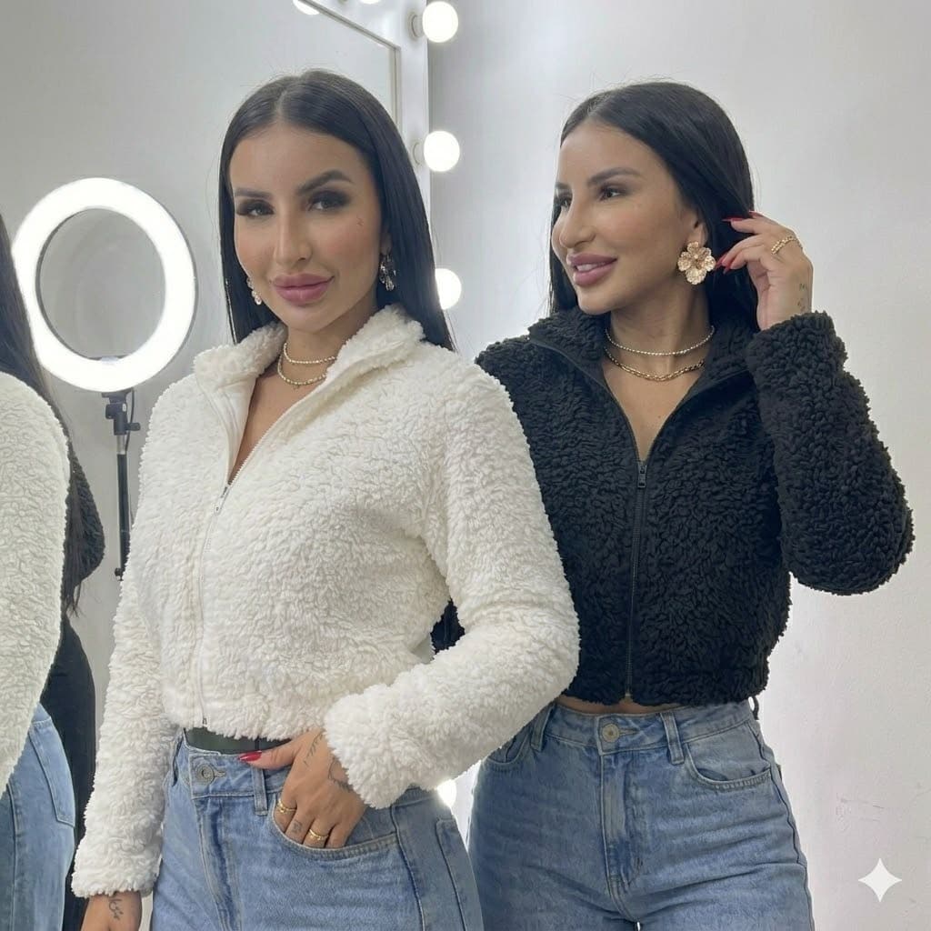 Jaqueta Teddy Cropped Pelucia Casaquinho Feminino Blusa Frio Casaco Pelinho Tedy Ted Moda Blogueira
