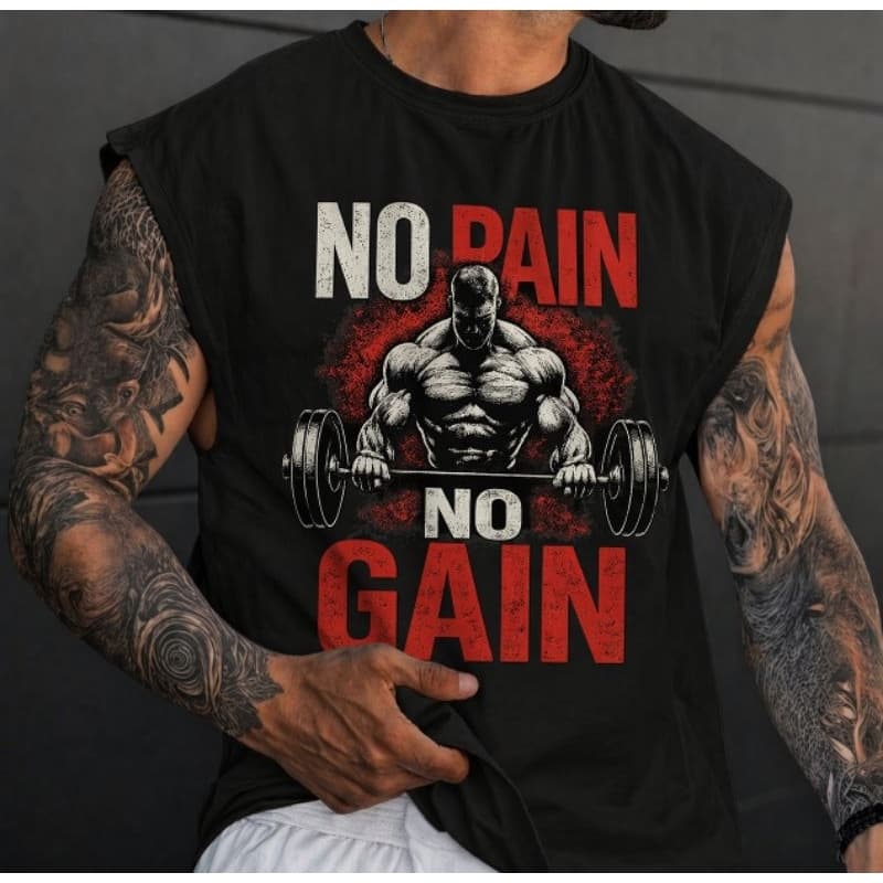 Camiseta Regata Oversized Estampada No Pain No Gain  Masculina Estilo Streetwear Academia Treino Fitness Casual Verão