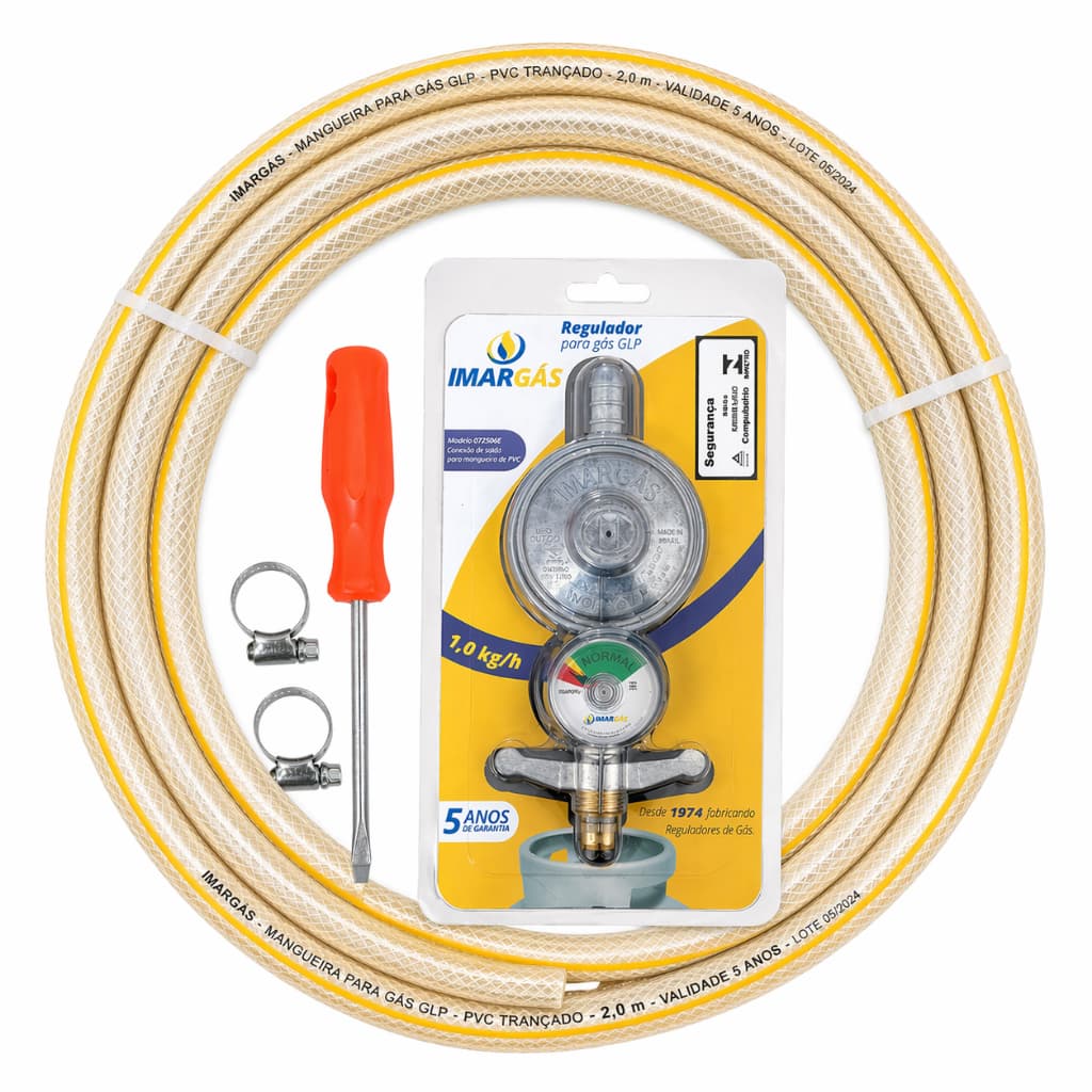 Kit Regulador Gás GLP Imargás + Mangueira 2m + Abraçadeiras + Chave