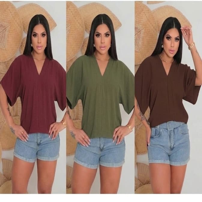 Blusinhas Feminina Decote V Manga Morcego Liso