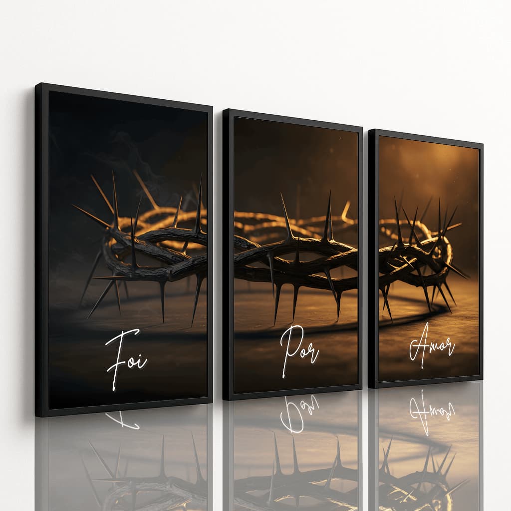 Quadro Decorativo 3 Peças Espinhos de Coroa Cristo Arte Religiosa Luxo Dourado