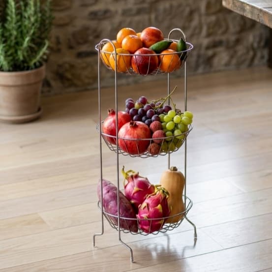 Fruteira 3 Andares Redonda Cromada | Organizador de Frutas e Legumes | Cesto Multiuso Cozinha