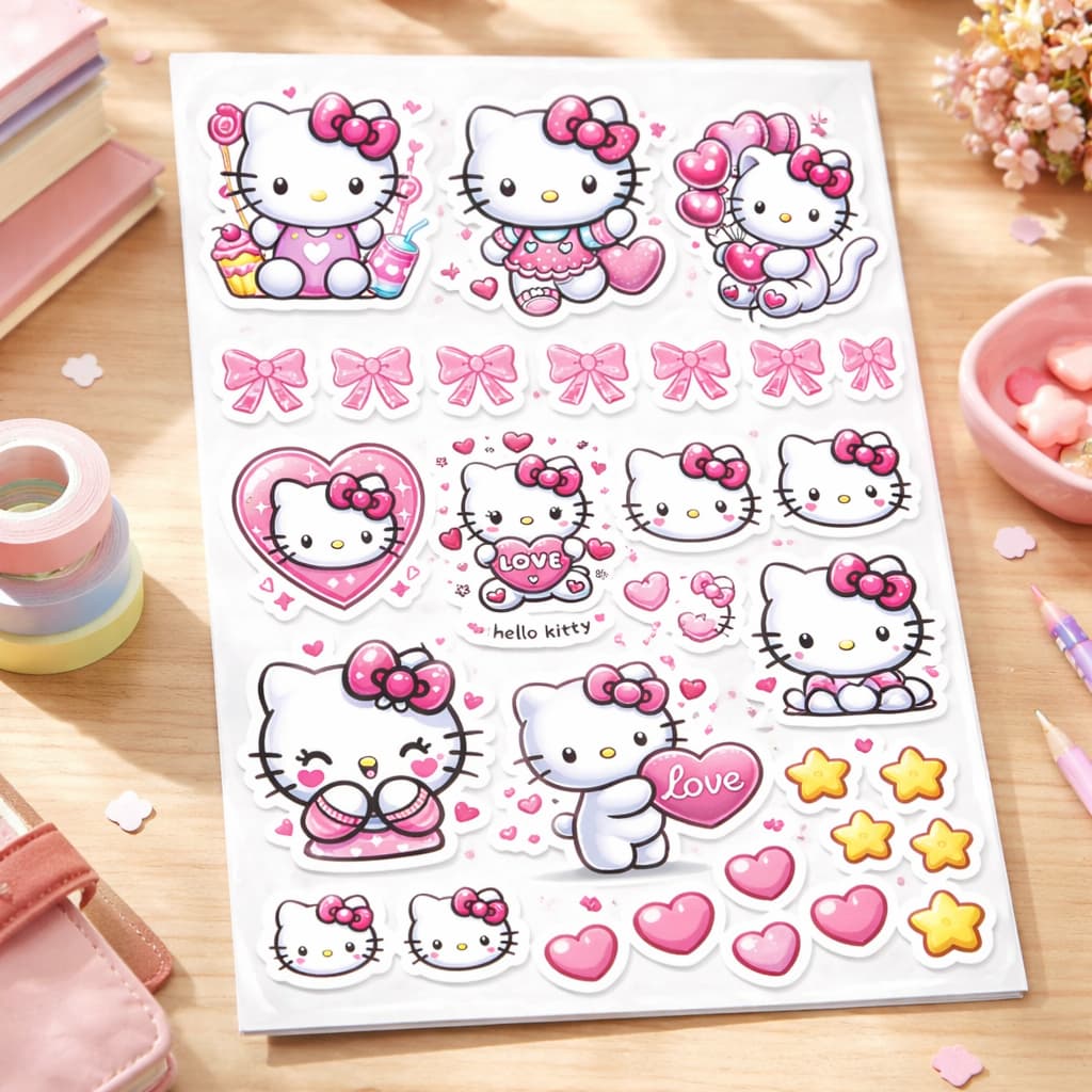 IMPRESSÃO DTF-UV colante, adesivo, stickers- Folha A4 frases motivacionais, desenhos Hello Kitty