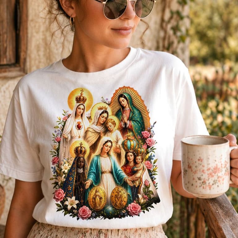 camiseta t-shirt VIRGEM MARIA SANTAS realista, blusa católica nossa senhora santa Guadalupe, Fátima, Aparecida plus size