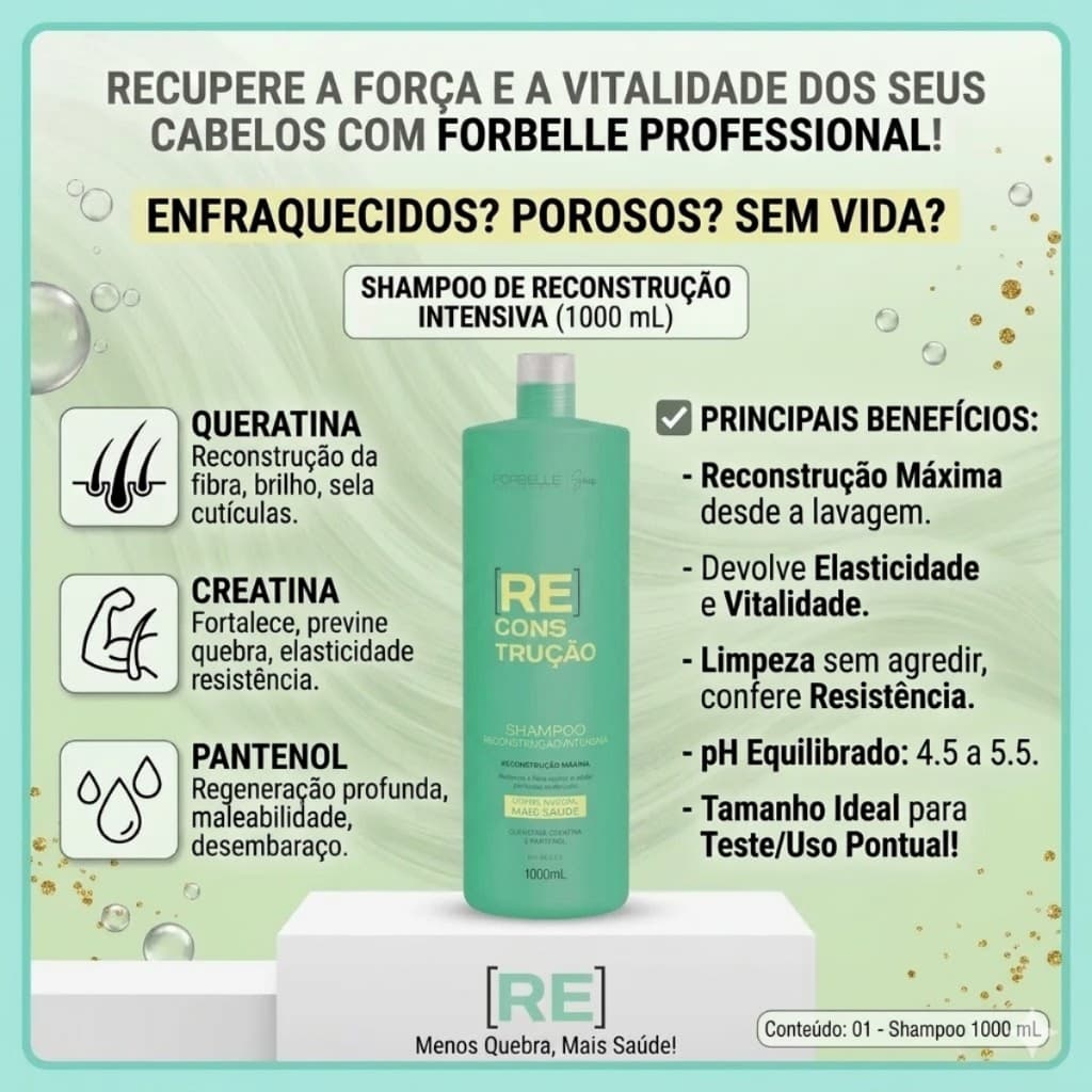 Shampoo Forbelle Profissional 1L Reconstrução Intensiva - Queratina, Creatina e Pantenol
