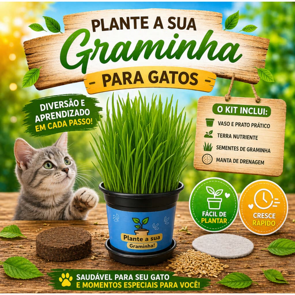Graminha para Gatos Kit para Plantar em Casa com Vaso Terra Semente Petisco Natural Saudável Felinos