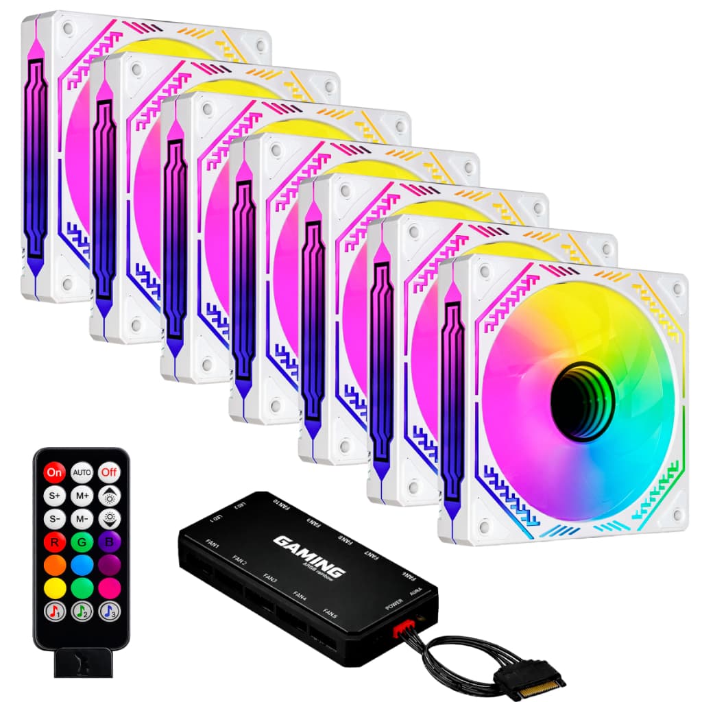 Kit 7 Fans Cooler Ventoinhas Brancas Aura White Infinity ARGB Pc Gamer C/ Controladora Hub Preto