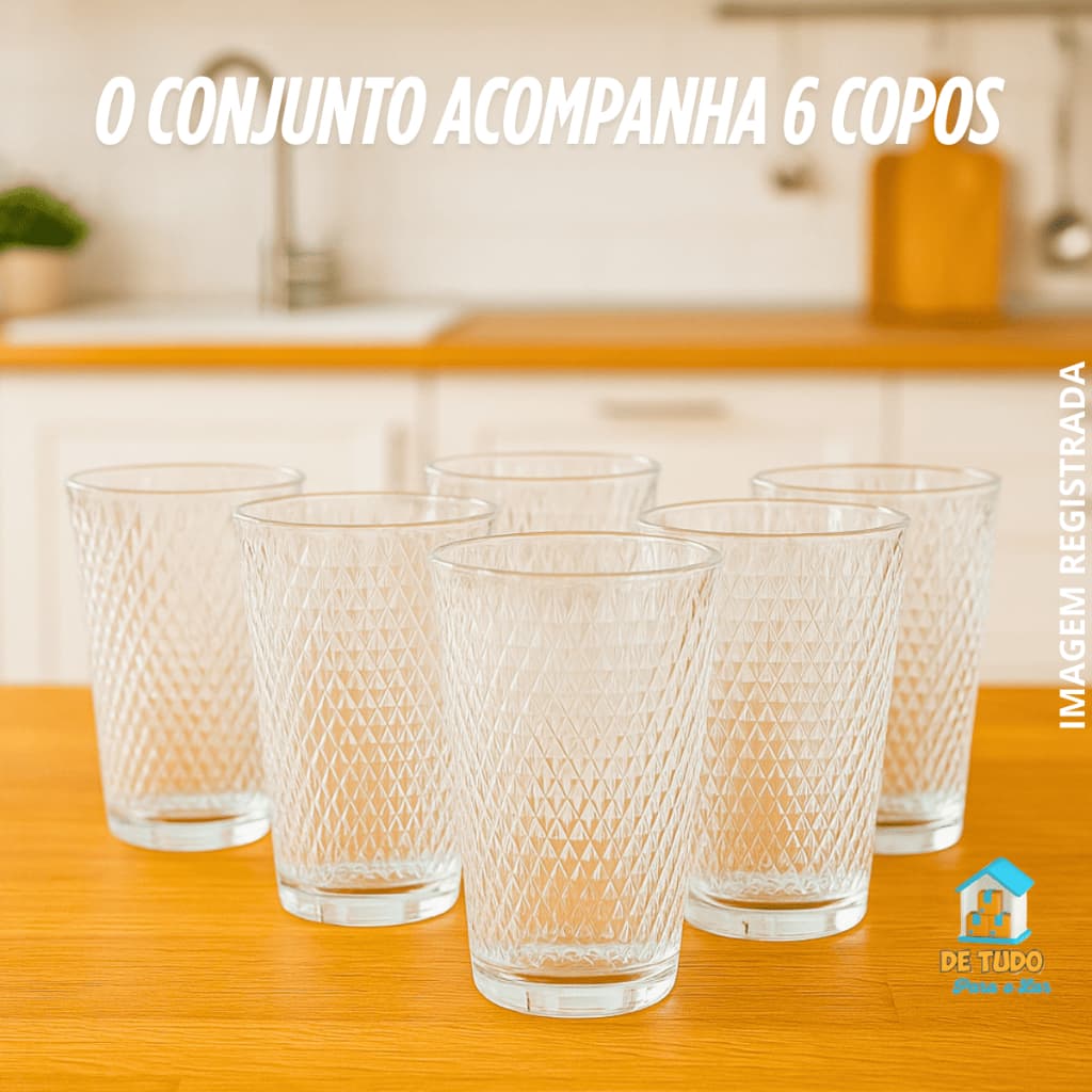 Conjunto Jogo 6 Copos Vidro Resistente Jateado Long Drink Bebidas