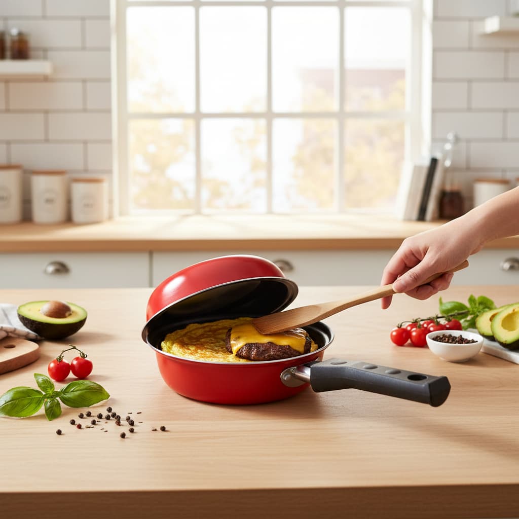 Frigideira Dupla Antiaderente Hamburguer Omelete 14cm Praticidade Cozinha Design Moderno Vermelha