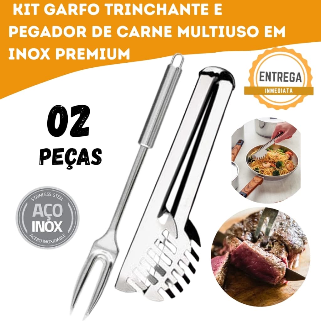 Kit Garfo Trinchante e Pegador de Carne, Massas e Salada Em Inox Premium- Churrascaria, Cozinha , Restaurante e Buffet.