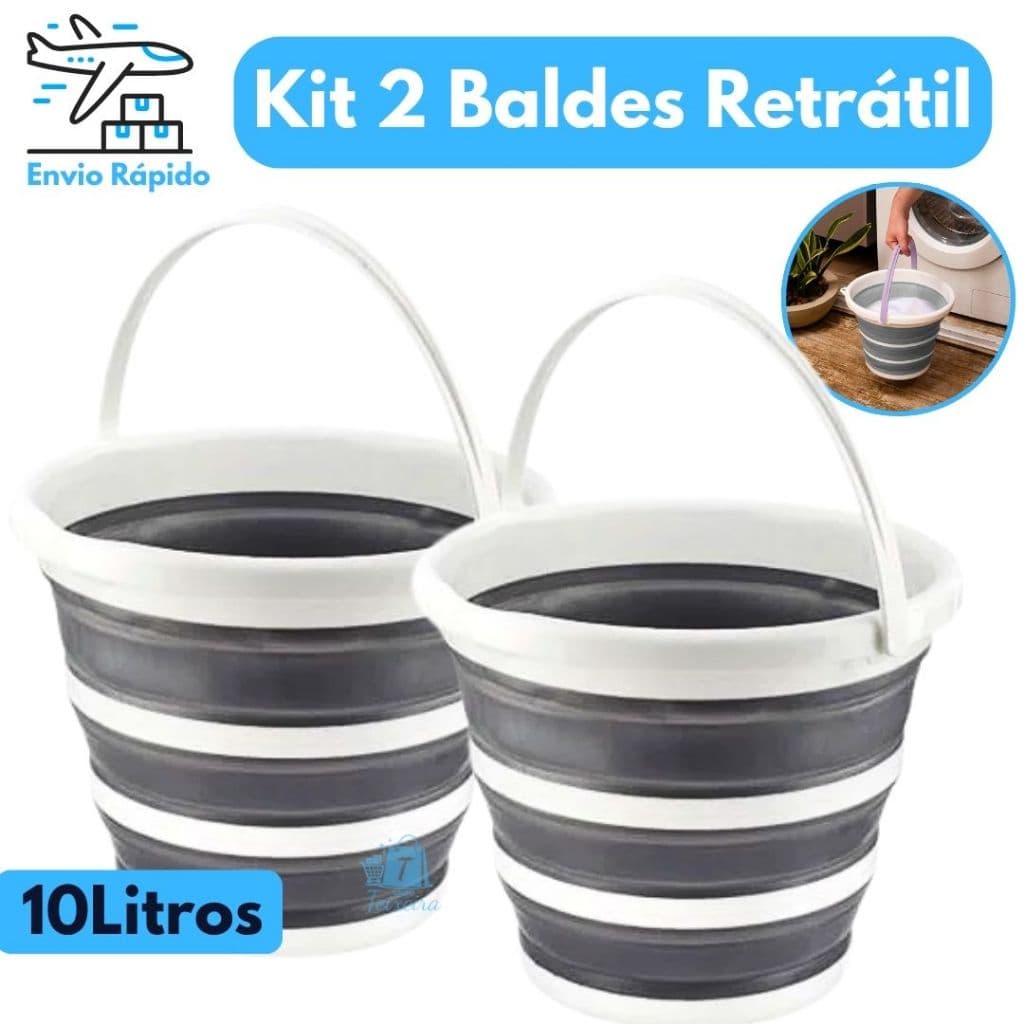 Kit 2 Balde Retrátil Dobrável de Silicone – 10L | Compacto, Portátil, Cor Cinza, Ideal para Viagem e Camping Limpeza