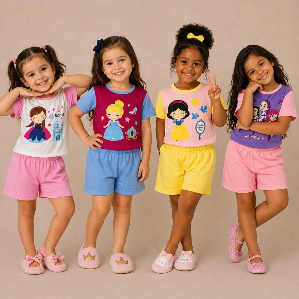 Pijama Infantil Feminino Baby Doll  Conjunto Short e Blusa em Algodão para Meninas
