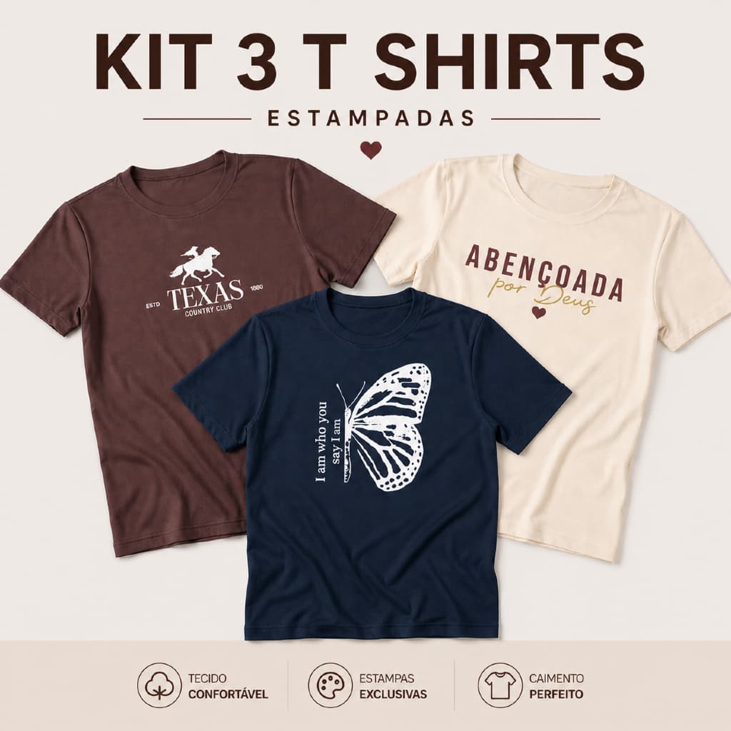 Tshirt - Kit 3 Peças - Camisetas Femininas Malha Viscolycra Confortável Estampada Casual Moda Básica