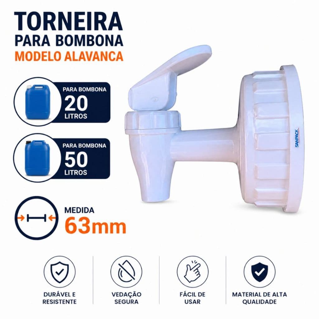 Torneiras + Tampa p/ Bombona 20 e 50 Litros Rosca Padrão 63mm - 1Un