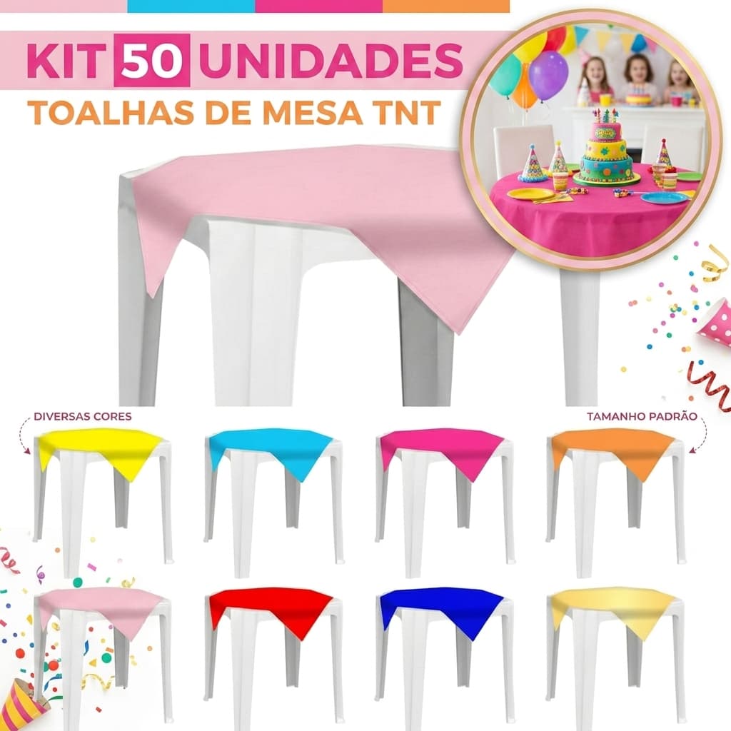 Kit 50 Toalhas Mesa Cobre Mancha TNT 40g 70x70cm Quadrada Várias Cores Festa Buffet Aniversário