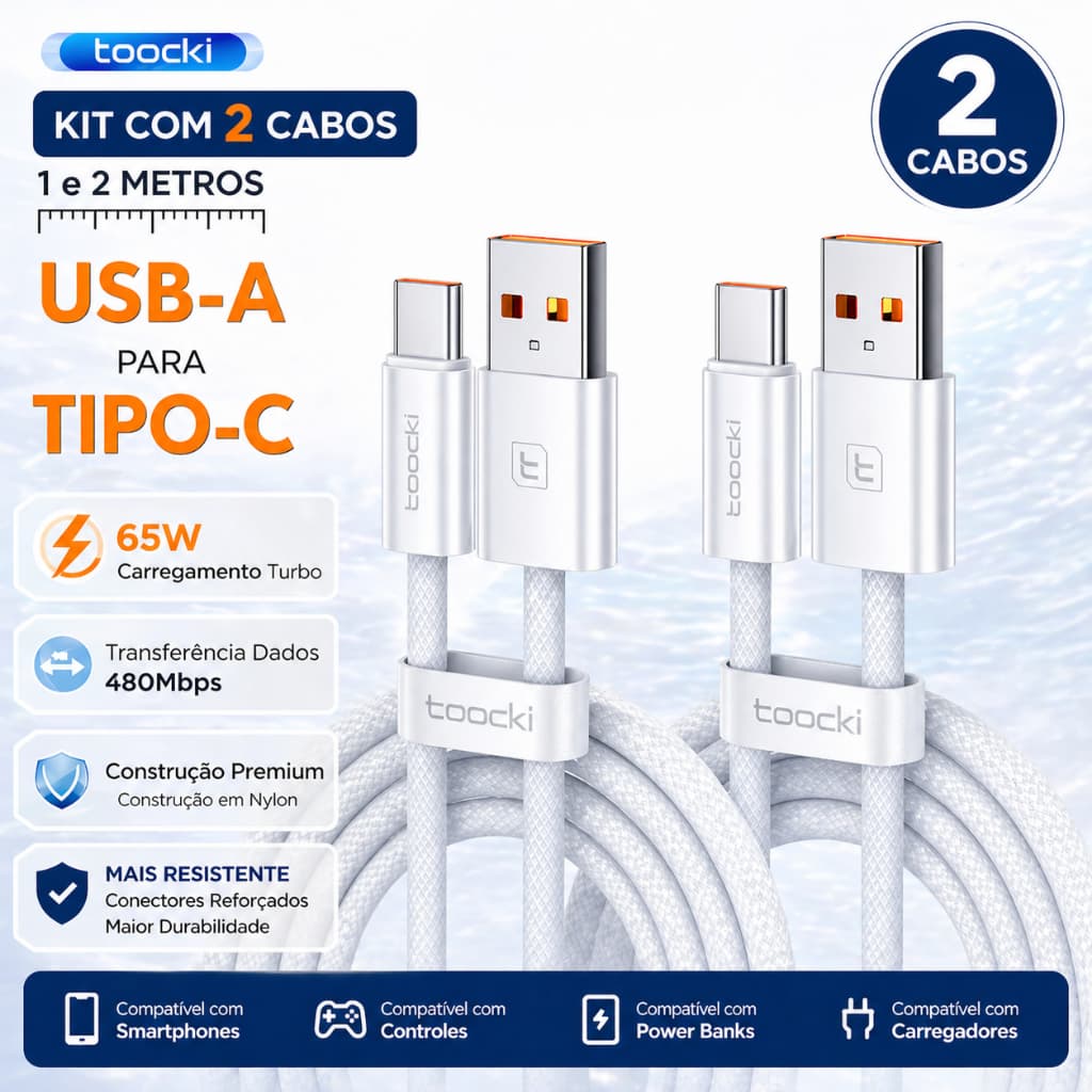 Kit 2 Cabo Toocki  USB Tipo C 65W Turbo Carregamento Rápido Nylon 1m /  2m / REFORÇADO