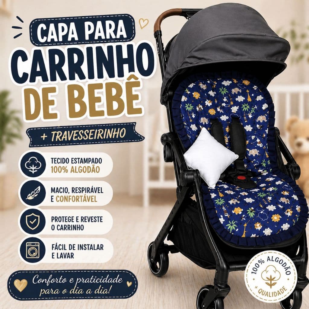 Kit Capa Para Carrinho Bebê Universal Hipoalergênico 100% Algodão + Almofadinha Travesseiro