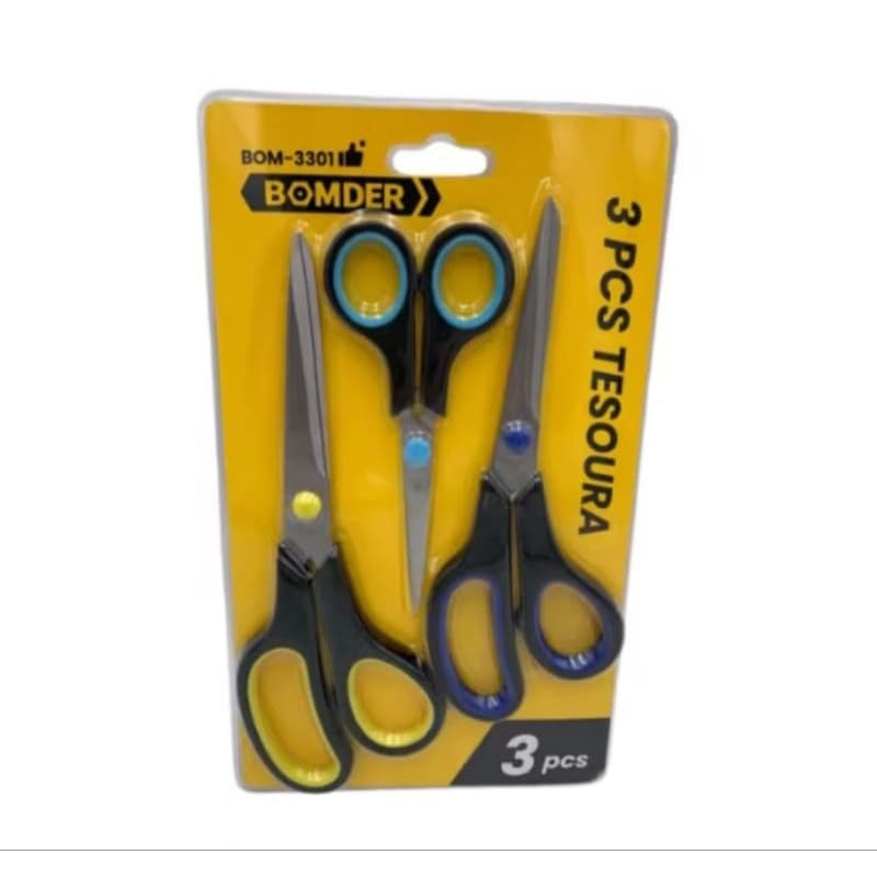 Kit 3 Tesouras Multiuso Aço Inox Profissional Reforçada - Cozinha, Costura e Escritório (Bom-3301)