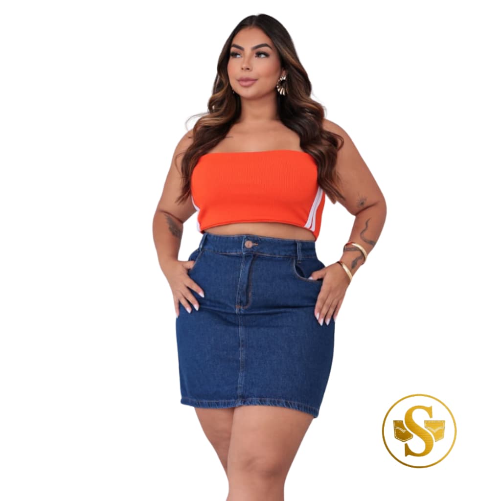 Mini Saia Feminina Plus Size Lisa Com Lycra Lavagem Escura Premium 100% Algodão 46 ao 54 Azul Escuro
