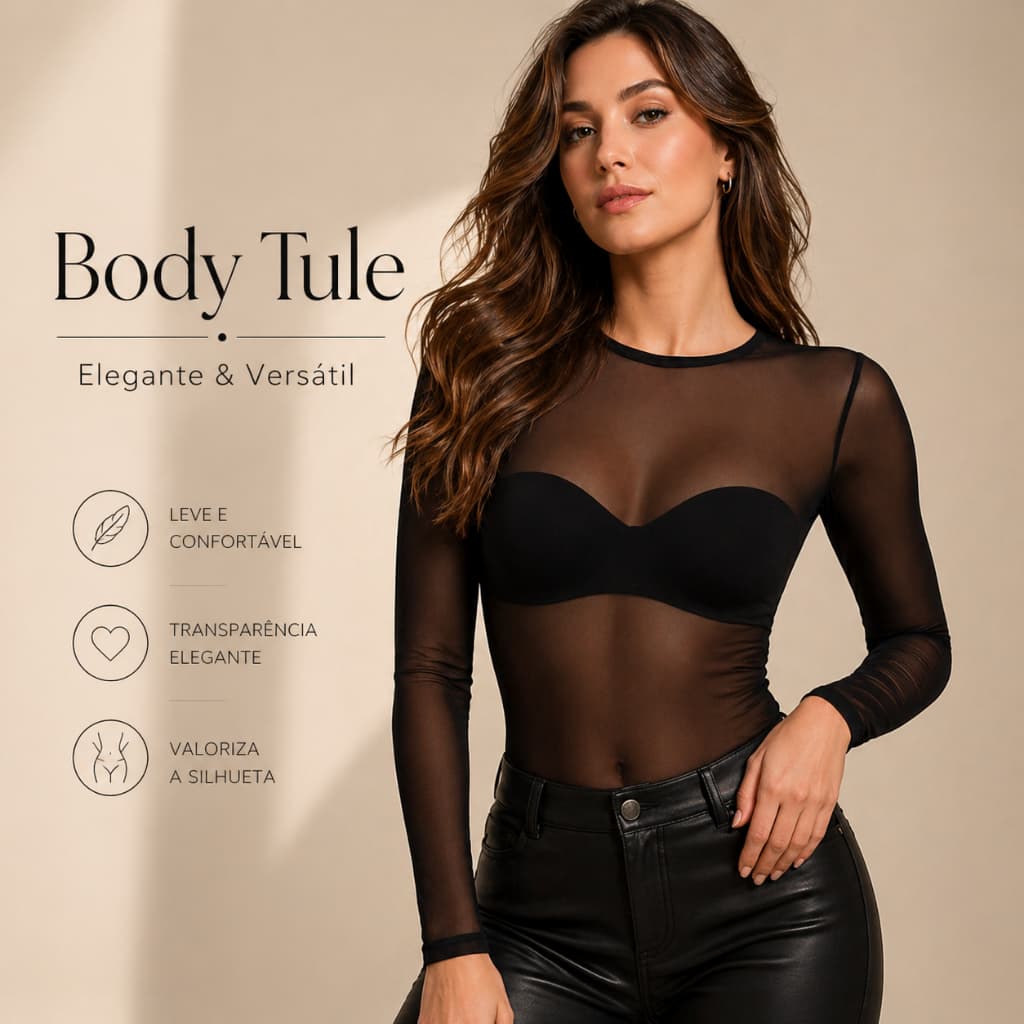 Body Tule Feminino Manga Longa Transparente Preto Elegante Moda Blogueira Bori