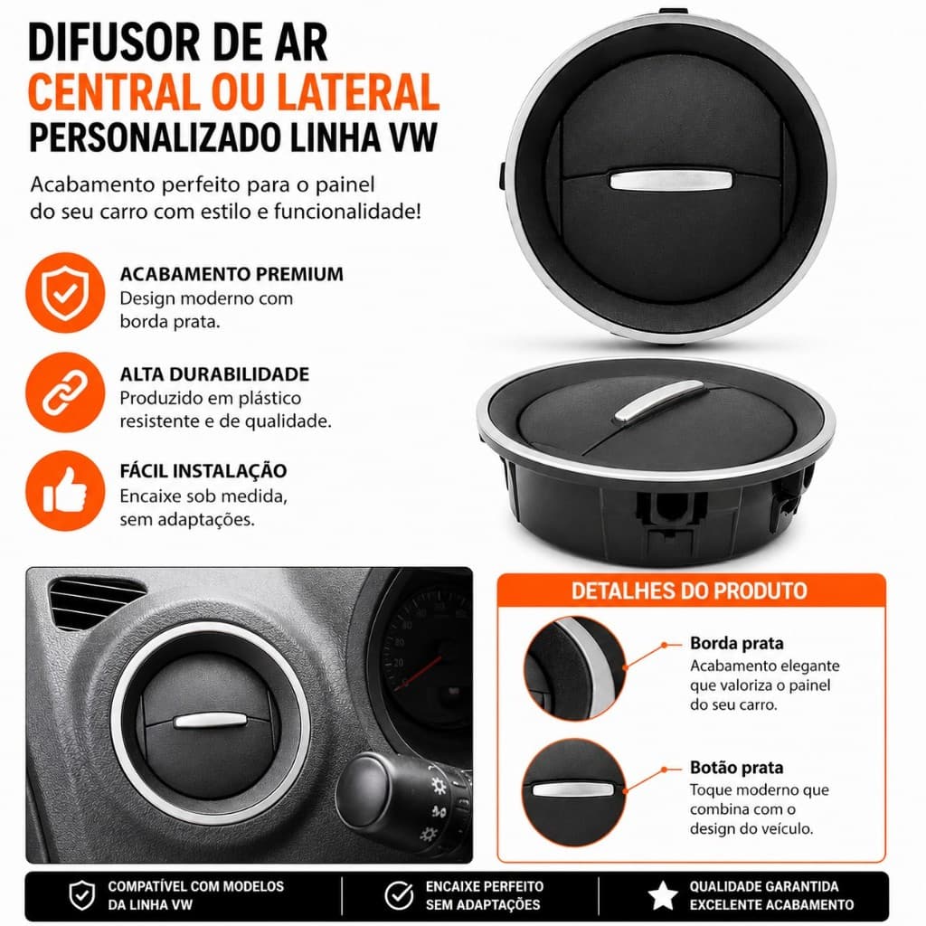 Difusor De Ar Painel Central/Lateral Adaptavel: Gol/Saveiro/Parati Redondo Botão Prata - AP1310