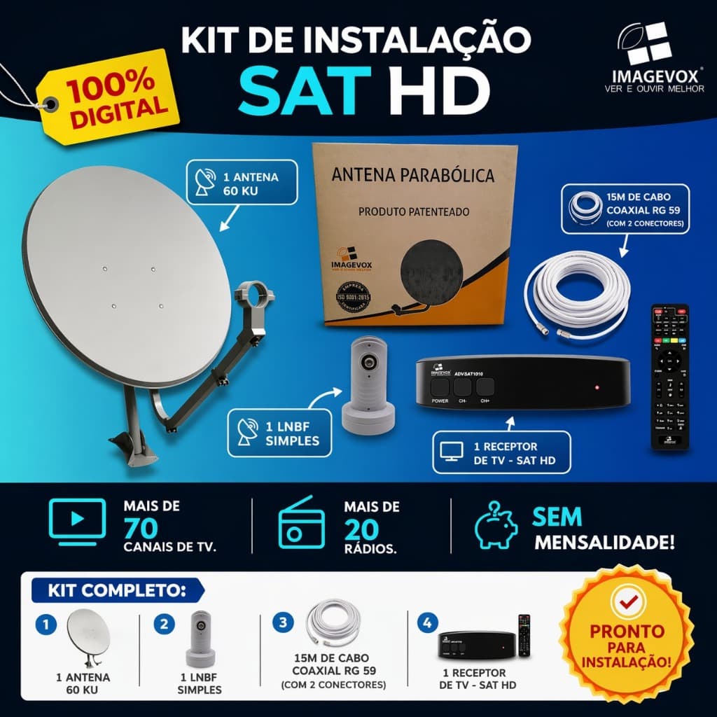 KIT ANTENA PARABÓLICA DIGITAL IMAGEVOX 60CM - CABO 15 METROS , LNBF E RECEPTOR IMAGEVOX ADV-SATB106