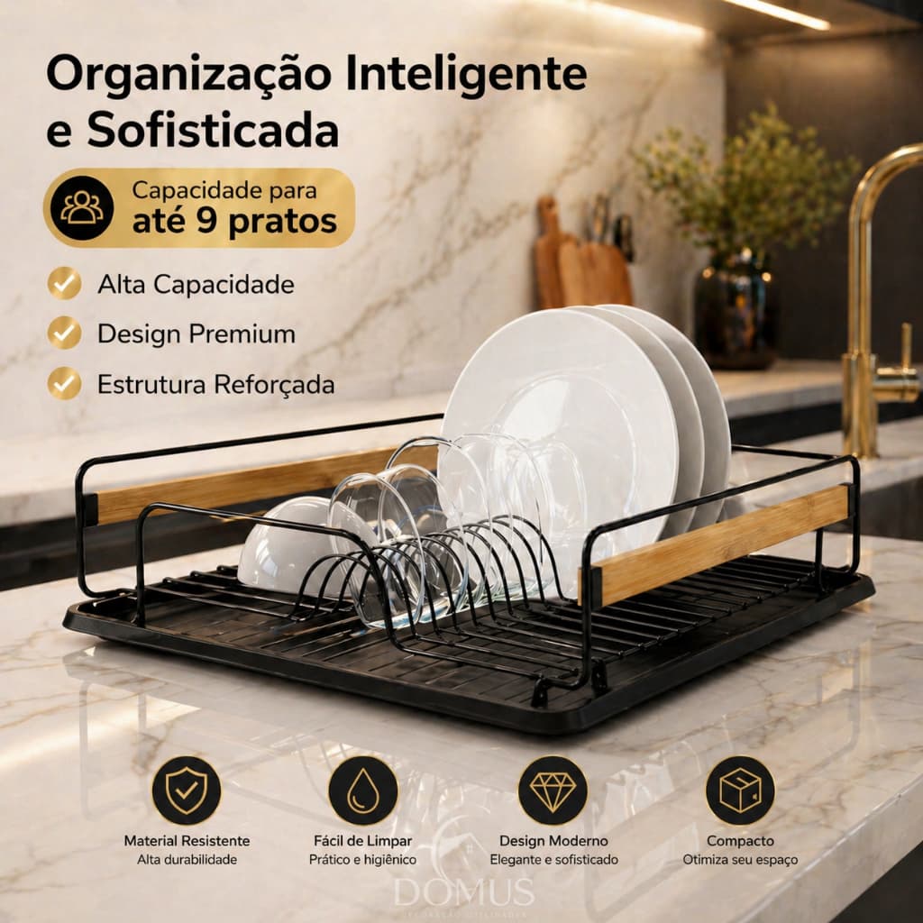Escorredor De Louça Preto  Aço Inox E Bambu Cozinha Com Bandeja Removível Organizador Porta Talheres
