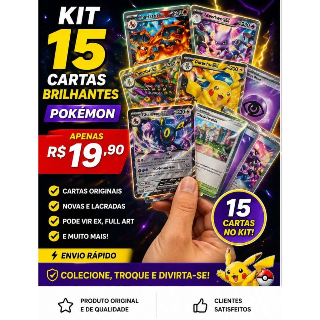 15 Cartas Pokémon Holográficas Sortidas + Chance EX/Full Art | Lacradas | Promoção