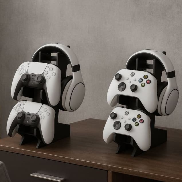 Suporte Duplo Controle Video Game e Fone de Ouvido Headset Mdf Preto Mesa Organizada Setup Gamer