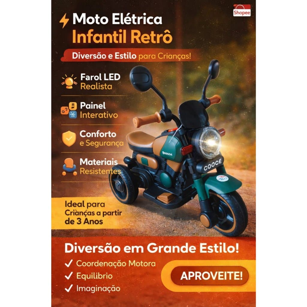 Mini Moto Elétrica Infantil Retrô Verde estilo Militar Motinha Acelerador Andador Crianças infantil
